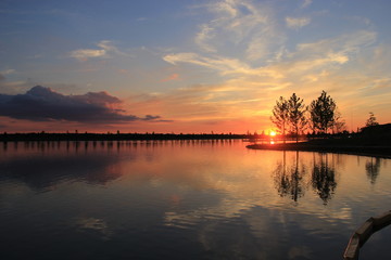 Obraz premium Peaceful sunset view on the lake at shelby farms
