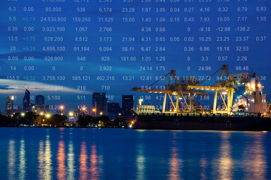 Shipping port and import export container cargo ship loading by crane. Stock price index, Baltic Dry Index(BDI) background, Logistics industry and transportation business concept