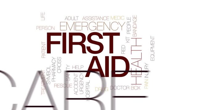 First aid animated word cloud, text design animation. Kinetic typography.