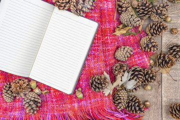 Blank open lined journal lying on cozy autumn blanket, pine cones, leaves and acorns scattered on wood background