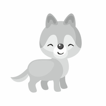 The image of cute little wolf in cartoon style. Vector children’s illustration. 