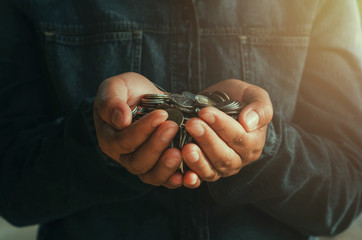  handful holding coins for finance concept - obrazy, fototapety, plakaty