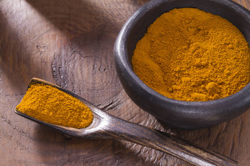 Turmeric powder in bowl and spoon on wooden table (curcuma longa)