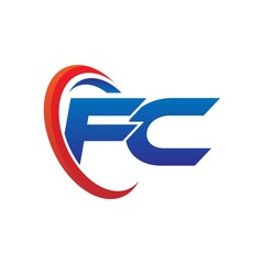 modern dynamic vector initial letters logo fc with circle swoosh red blue