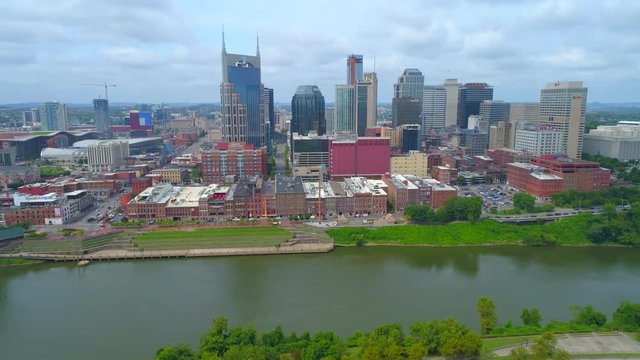 Drone establishing shot Downtown Nashville USA 4k 60p