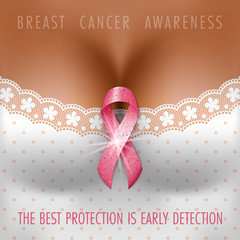 Breast cancer awareness month. Silk pink ribbon on the female bust. Vector Illustration