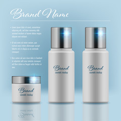 Set of cosmetic products on blue background. Packaging template. Vector illustration