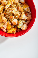 Special dishes of Pan-Asian cuisine in dark iron plate