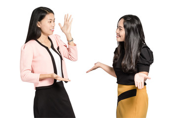 Portrait of two asian business woman in a pose I do not know. Isolated on white background with cclipping path