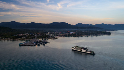 Sunset aerial view of Koh Phangan international port 
