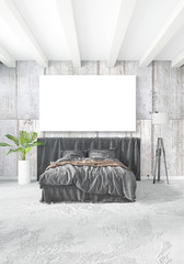 Vertical modern interior bedroom or living room with eclectic wall and empty frame for copyspace drawing. 3D rendering