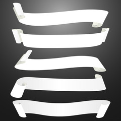 Set of horizontal blank white curved paper ribbon banner