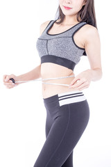Asian Woman measuring her hips, sport woman concept, isolated with white background.
