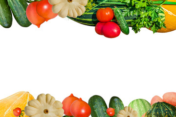 White background with a pattern of different fresh vegetables closeup top view