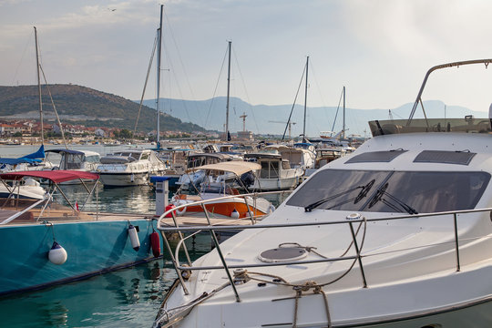 Pier with boats in harbor Trogir, Croatia