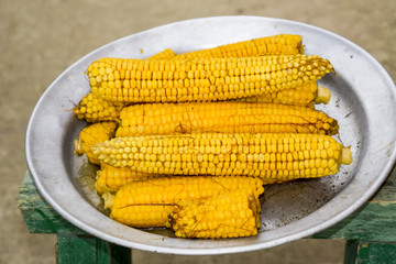 Boiled corn on an aluminum tray. Yellow boiled young corn, useful and tasty food