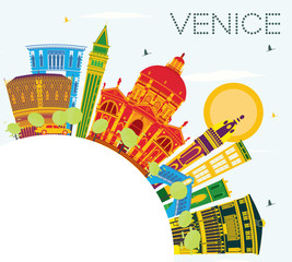 Naklejka premium Venice Skyline with Color Buildings, Blue Sky and Copy Space.