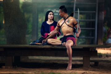 Thailand couple warrior ancient in Ayutthaya. Thai culture traditional .