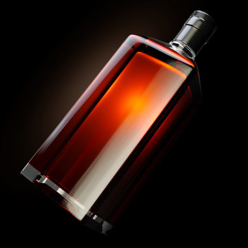 3d render of square shaped bottle filled with strong whiskey