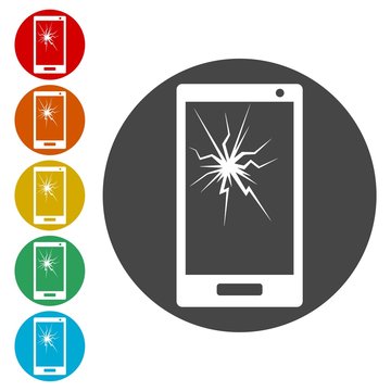 Mobile phone icons set with smashed screen - Illustration 