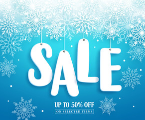 Winter sale vector banner design with sale text paper cut hanging and white snow in blue background for seasonal promotion. Vector illustration.
