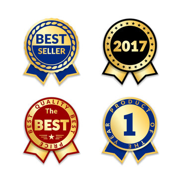 Ribbons award best product of year 2017 set. Gold ribbon award icon isolated white background. Best product golden label for prize, badge, medal, guarantee quality product Vector illustration