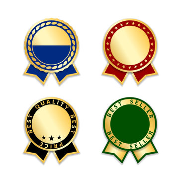 Award ribbons isolated set. Gold design medal, label, badge, certificate. Symbol best sale, price, quality, guarantee or success, achievement. Golden ribbon award decoration Vector illustration