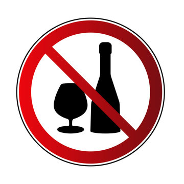 No alcohol drink sign. Prohibited sign beverage alcohol, isolated on white background. Black silhouette in red round icon. No drinking pictogram. Forbidden No alcohol symbol Vector illustration