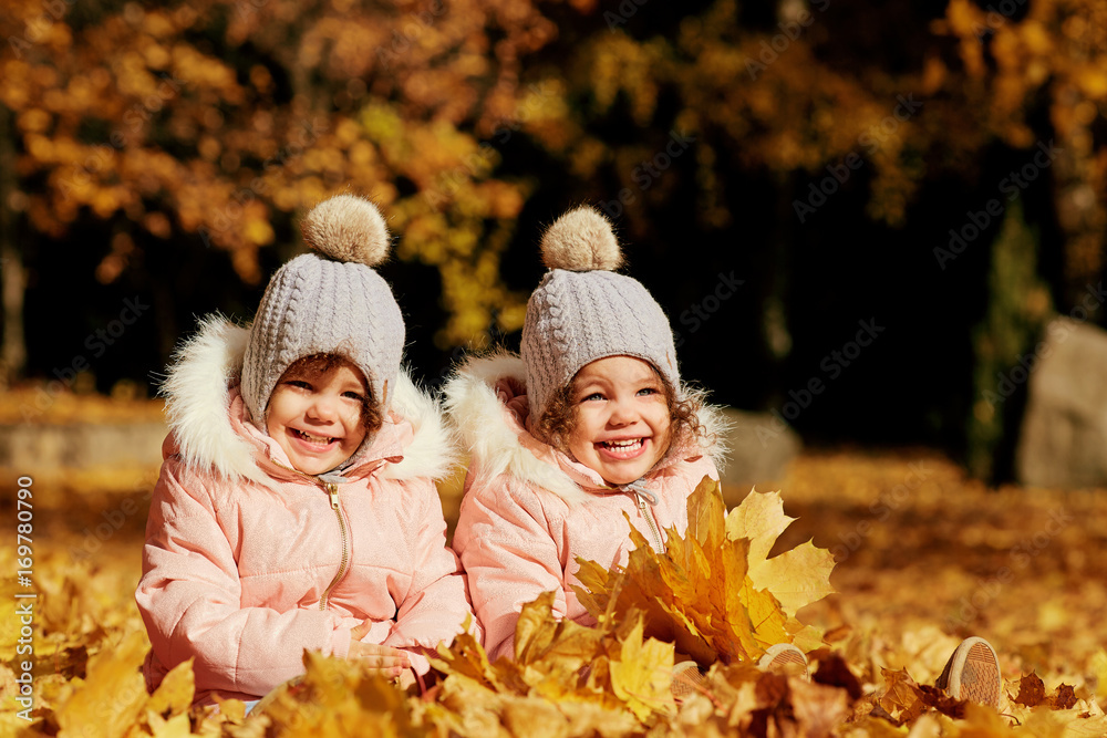 Wall mural two happy children in autumn clothes in the park. little sister girls sitting on yellow leaves in na