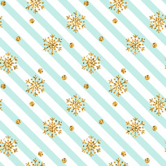 Fototapeta na wymiar Christmas gold snowflake seamless pattern. Golden glitter snowflakes on blue white diagonal lines background. Winter snow design wallpaper Symbol holiday, New Year celebration Vector illustration