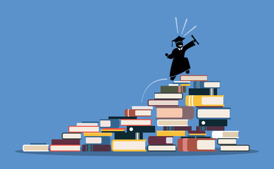 Happy graduating student climbing to the top of book piles. Vector artwork depicts the process and step by step of achieving wisdom, knowledge, success, education, rewards, and hard works. - obrazy, fototapety, plakaty
