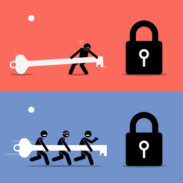 Teamwork vs Working Alone. Vector artwork depicts the difference between working with a team and working by yourself. Job, work and task can be solved easier with the cooperation of teamwork.
