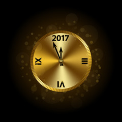 Naklejka na ściany i meble Gold christmas magic clock background. Golden shiny design with sparkles and glitter. Decoration for card, greeting. Symbol of Happy New Year 2017 holiday, countdown. illustration