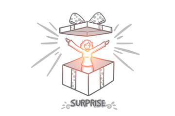 Fototapeta na wymiar Surprise concept. Hand drawn woman jumping from present box. Big gift box isolated vector illustration.
