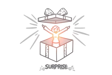 Fototapeten Surprise concept. Hand drawn woman jumping from present box. Big gift box isolated vector illustration. © drawlab19
