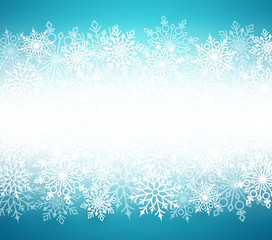 Fototapeta na wymiar Winter snow vector background with white snow flakes elements in blue background and empty white blank space for message. Vector illustration. 