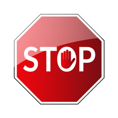 Stop road sign. Prohibited warning icon. Palm in red octagon. Road stop sign with hand isolated on white background. Glossy effect. Symbol of danger, attention, safety Vector illustration