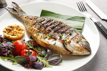 Plate with delicious fried fish, closeup