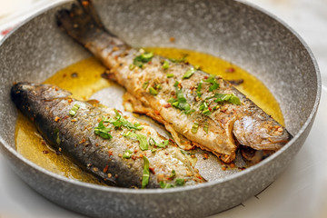 Frying pan with delicious prepared fishes on stove