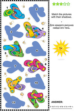 Visual puzzle or picture riddle (suitable both for kids and adults): Match the pictures of colorful flip-flops to their shadows. Answer included.

