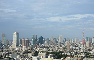 日本の東京都市景観「港区方面などを望む」〔港区方面のビル群（画面中央付近）奥には、千代田区のビル群（大手町や丸の内）、その、さらに奥付近には、東京スカイツリーなども見える〕