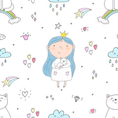cartoon positive seamless pattern with cute girls and cat On a rainbow