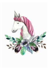 Watercolor logo with cute unicorn, flowers, leaves and branches. Hand-painted illustration on a white background.