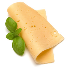 cheese slice and basil herb leaves isolated on white background cutout