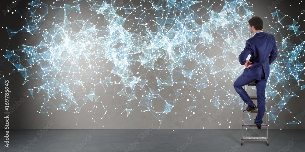 Aufkleber Businessman using connection network on a wall 3D rendering
