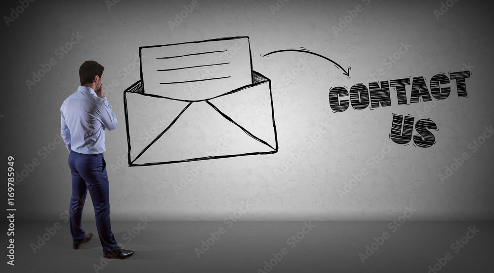 Poster businessman watching e-mail sketch on a wall 3d rendering