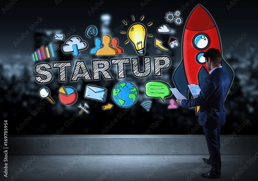 Poster businessman watching startup sketch on a rooftop 3d rendering