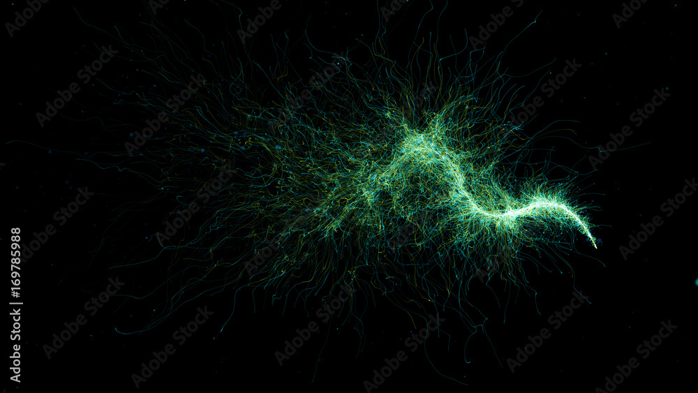 Poster 3d rendered particle trail background. abstract detailed particles structure. particles are emitted 