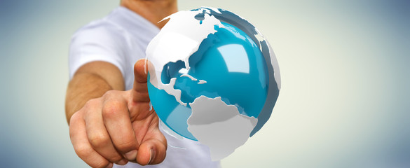 Businessman using flying white and blue 3D rendering earth