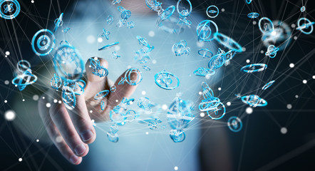 Businessman using flying network connection interface 3D rendering